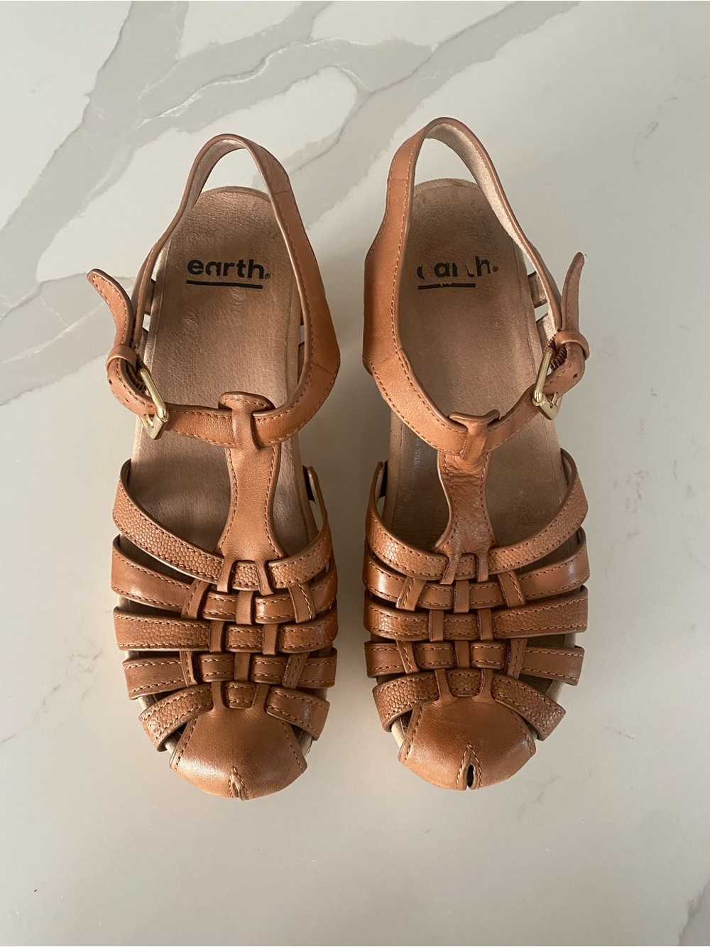Earth Oak Cerris Brown Leather fisherman block Heel Buckle Sandals Womens 6.5